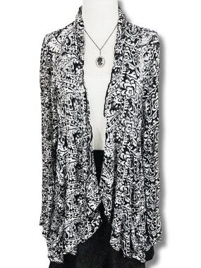 CLIENTELE Black and white floral lace open-front high-low cardigan MEDIUM LARGE
